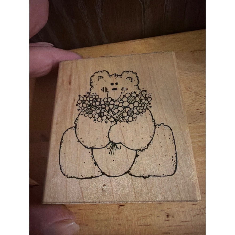 D.O.T.S. Rubber Stamp Brown Excellent Flower Bunch Bear Wood Mounted